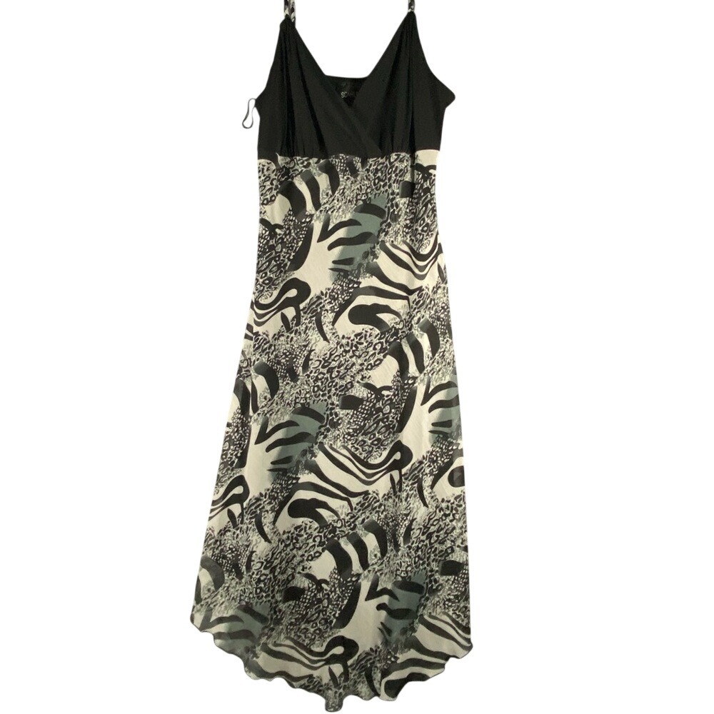 Scarlett Women Black White Animal Print‎ Maxi Dress Handkerchief Hem Size 12